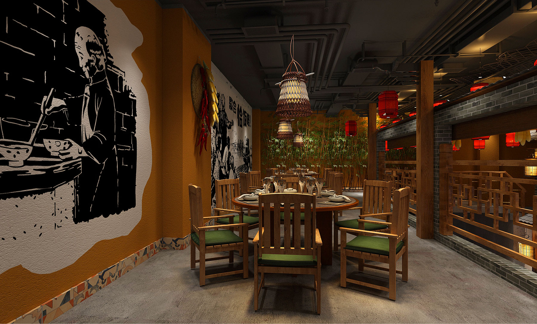 湖北重餐饮湘菜馆餐厅空间设计——外婆的灶屋空间创意插画实用
